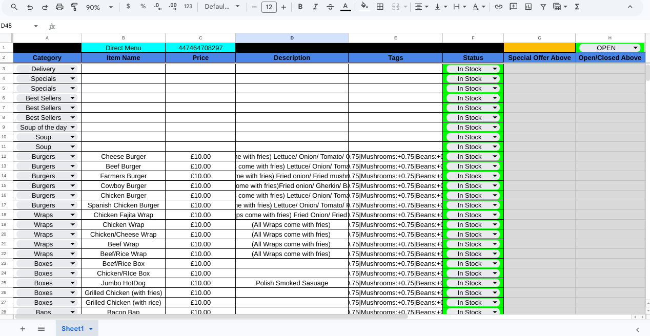 Google Sheets Menu Interface